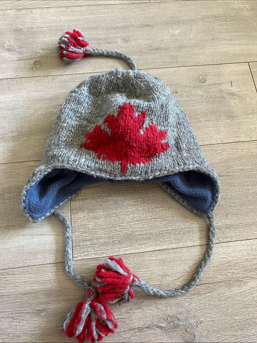Kids Grey Knit Earflap Hat with Red Maple Leaf Accent canada Canadiana
